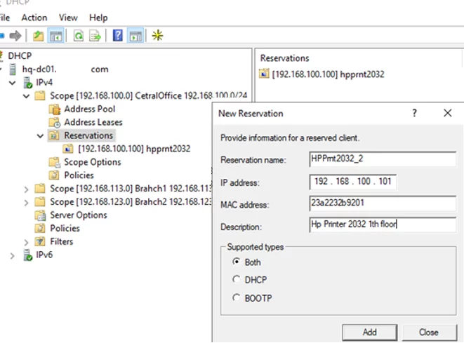 set dhcp reservation parameters and MAC address