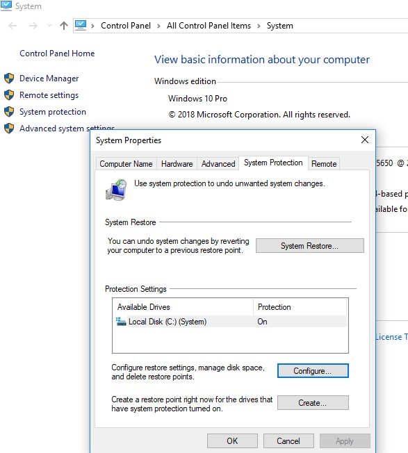 configure system protections on windows 10