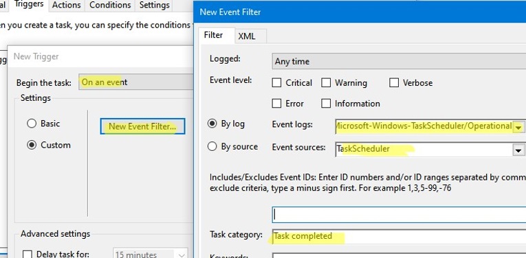 new task event filter by task scheduler log