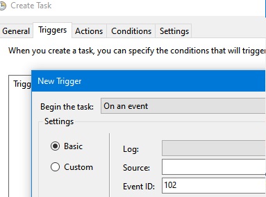 task sheduler: create event trigger