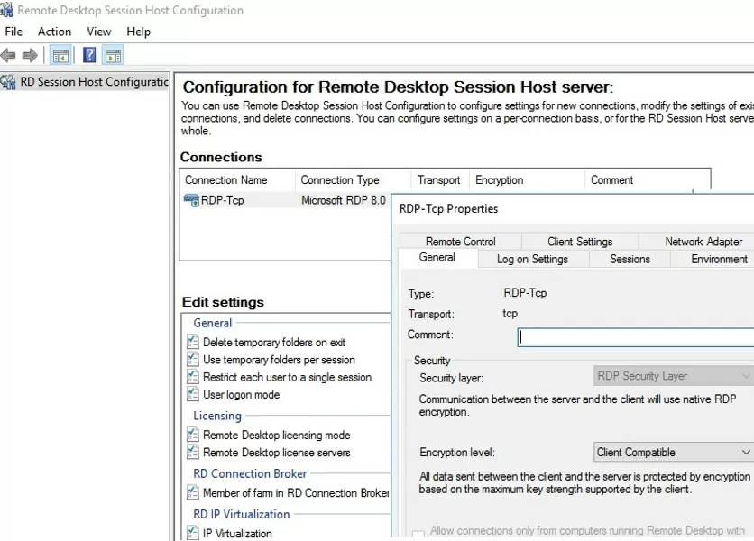 manage remote desktop session host settings on windows server 2016 tsconfig.msc