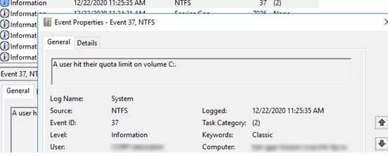 A user hit their quota limit on volume - EventID 37, source Ntfs 