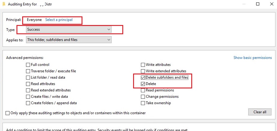 configure audit of file deletion actions on shared folder on Windows Server 2016folder