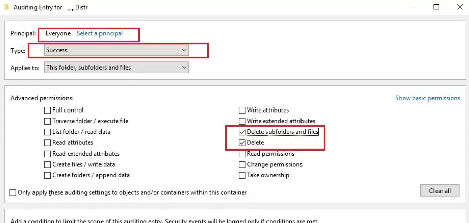 configure audit of file deletion actions on shared folder on Windows Server 2016folder