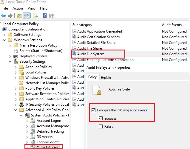 enable audit file system policy on windows server
