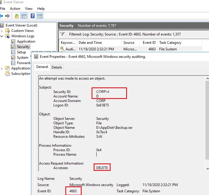 file deletion audit event 4663 with username in security log 