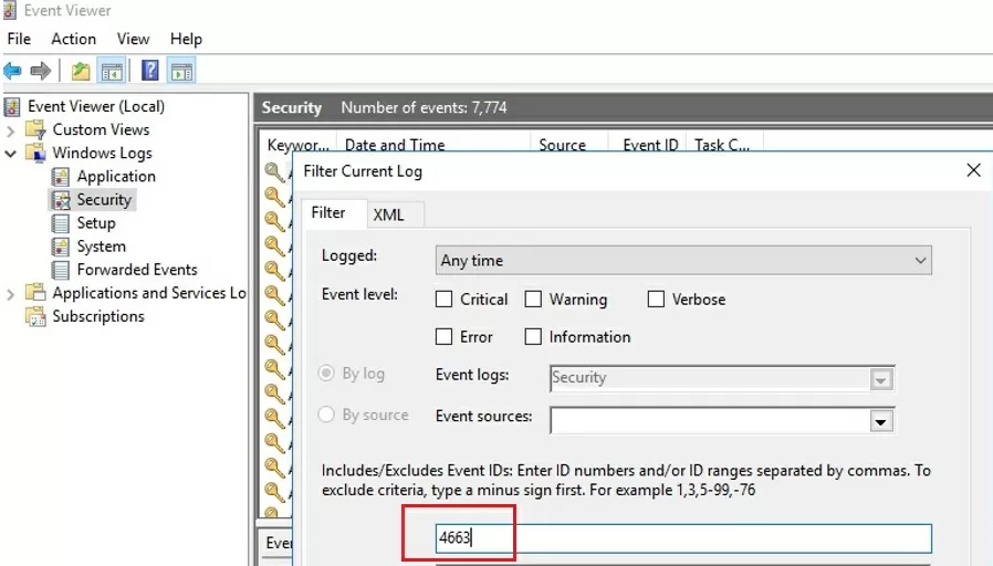 file deletion event id 4663 in the security log of windows event viewer 