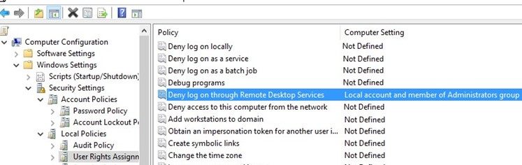 GPO: Deny log on through Remote Desktop Services under local user and admin accounts
