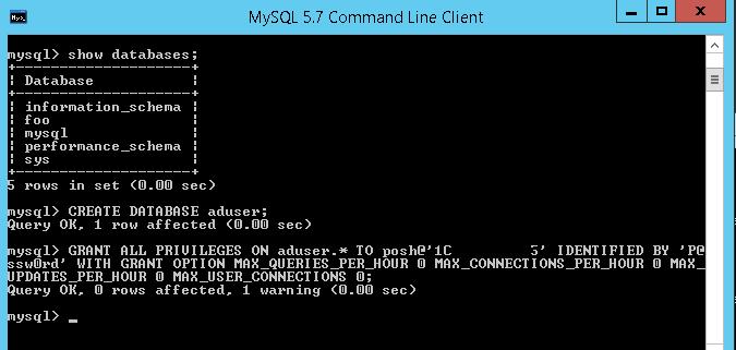 mysql create db ant grant privileges from powershell