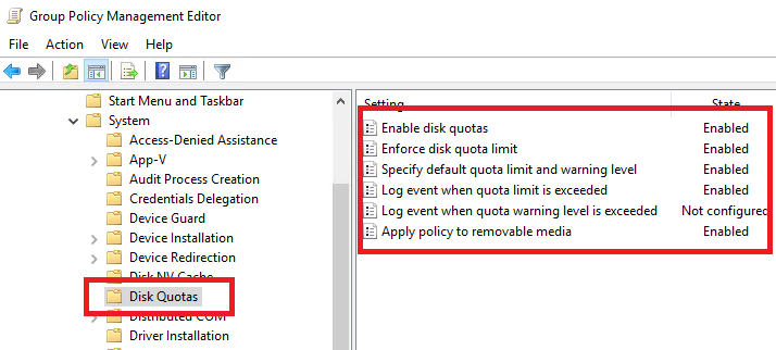 setting Disk Quotas parameters with Group Policy