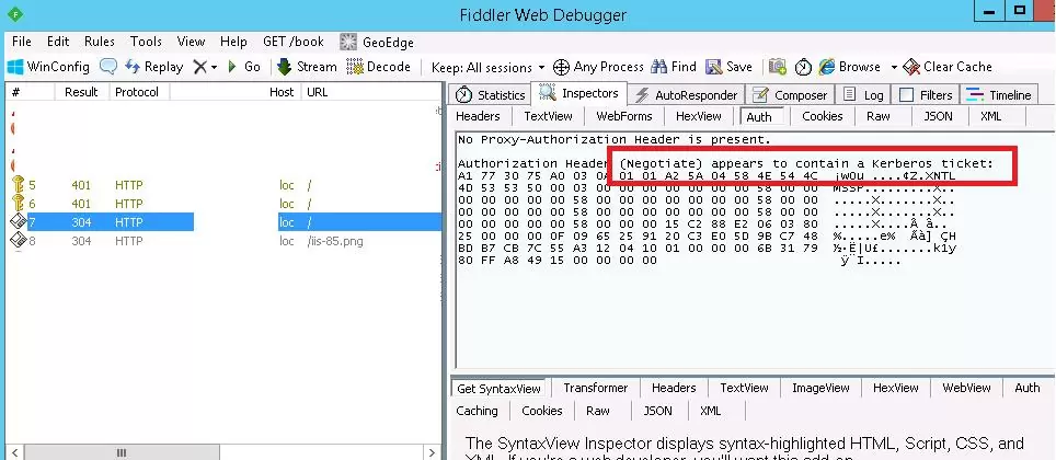 Fiddler  - Authorization Header (Negotiate) appears to contain a Kerberos ticket 
