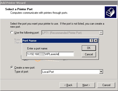XP add printer using local port with unc path