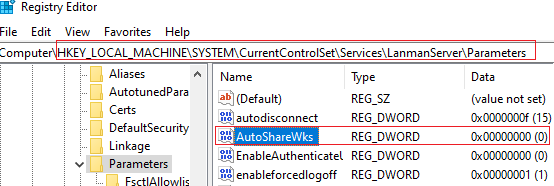AutoShareWks - reg key to disable / enable default windows administrative shares