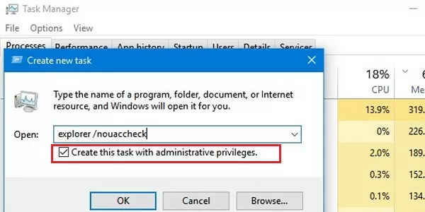 run explorer with administrative privileges nouaccheck