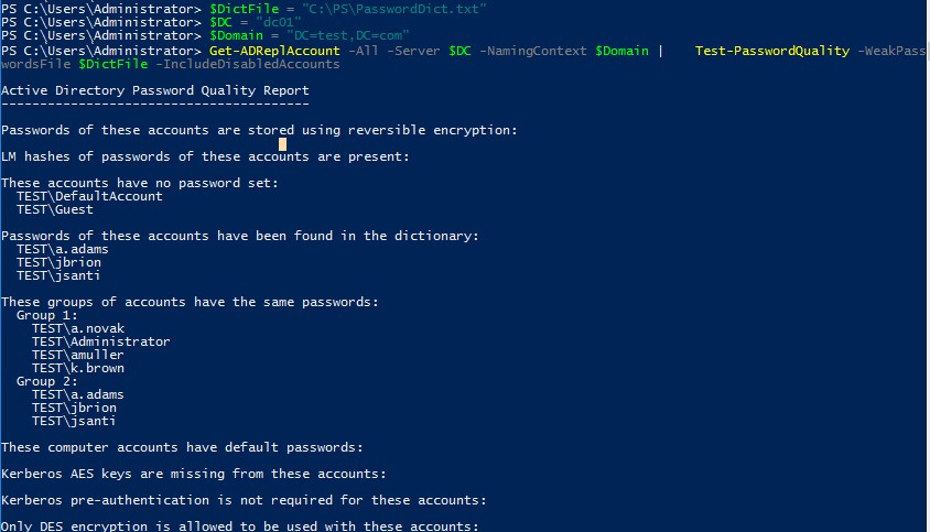 test-passwordquality - find weak active directory passwords with powershell