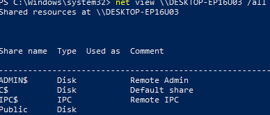 view admin shares on remote computer cmd: net view \\computername /all