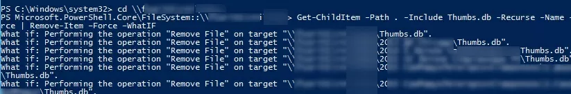 delete thumbs.db files from network drive using powershell