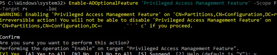 Enable-ADOptionalFeature 'Privileged Access Management Feature' in Active Directory forest