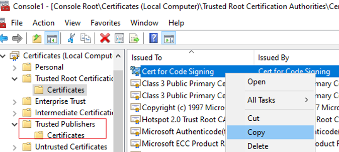 copy code signing certificate to Trusted Publishers 