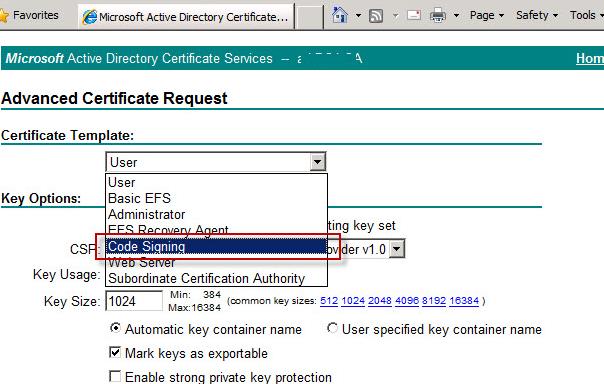 enterprise ca - create a cert from code signing template