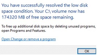 You have successfully resolved the low disk space condition