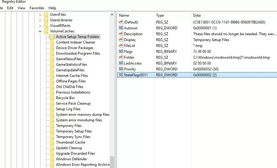 registry CurrentVersion Explorer VolumeCaches stateflags cleanmgr