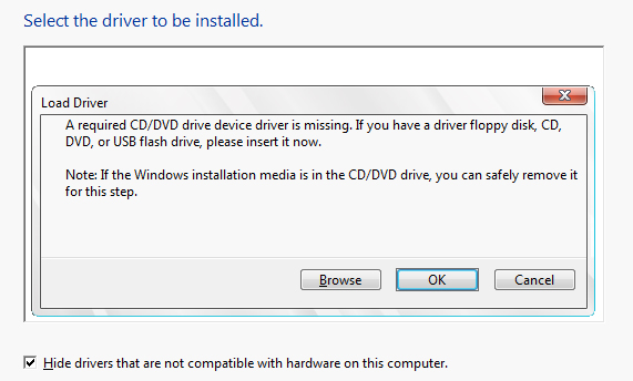 A required CD/DVD drive device driver is missing. If you have a driver floppy disk, CD, DVD, or USB flash drive, please insert it now.
