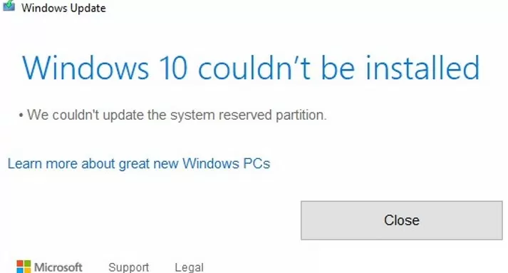 windows 10 upgrade error: We couldn't update the system reserved partition