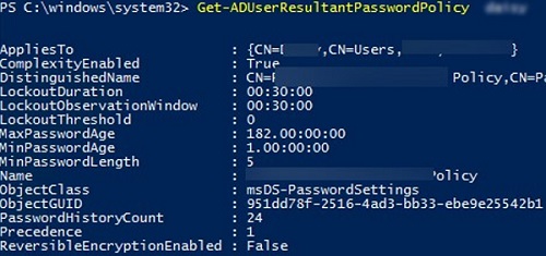 Get-ADUserResultantPasswordPolicy - show resulting password policy for a user account