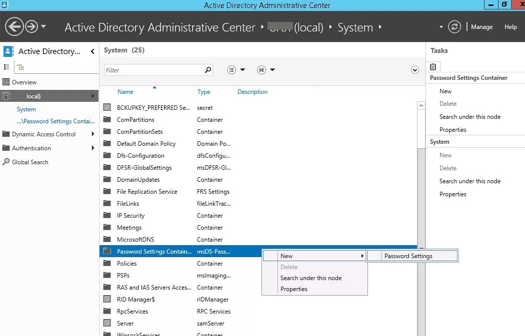 Active Directory Administrative Center - Password Settings Container