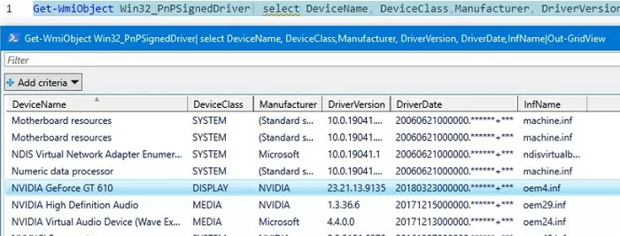get list of device driver installed in windows driver store