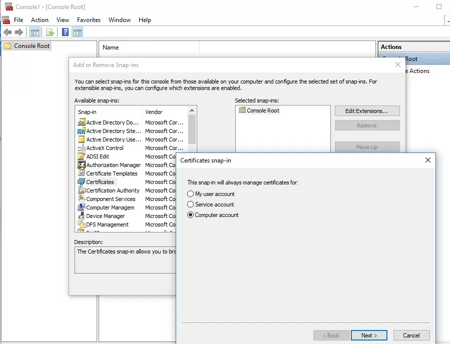 run certificate management snap-in in windows 10