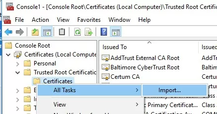 import root certificate from a CER file in windows 10