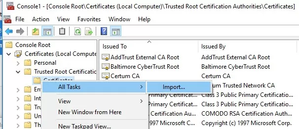 import trusted root certificates using certmgr snapin