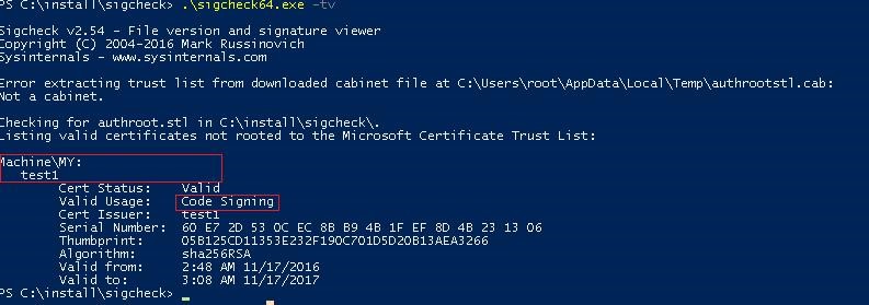 sigcheck: list cert not rooted in Microsoft Certificate Trust List