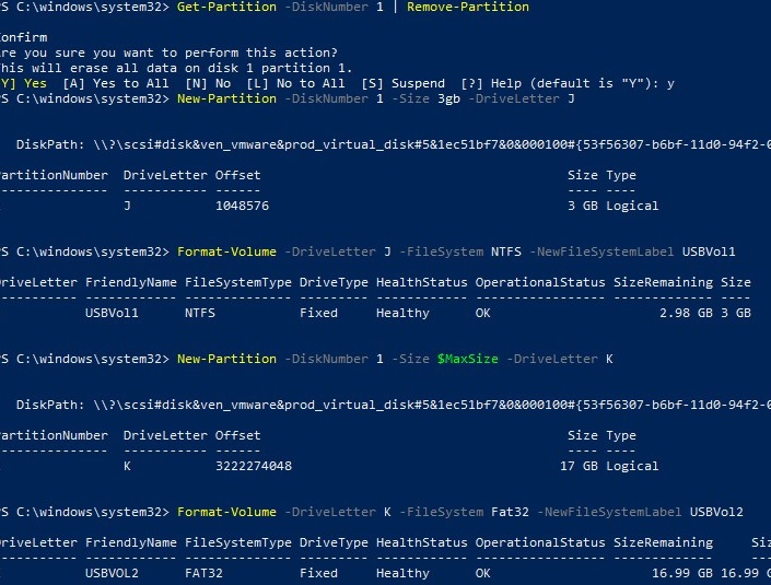 powershell: create two partitions on the usb stick using powershell