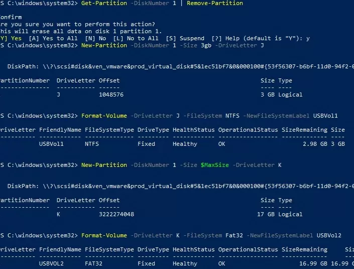 powershell: create two partitions on the usb stick using powershell