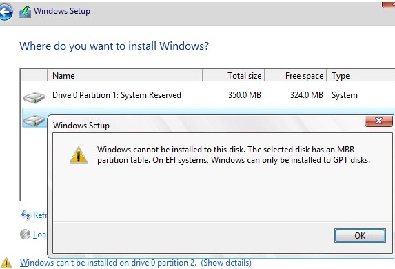 Windows cannot be installed to this disk. The selected disk has an MBR partition table. On EFI system, Windows can only be installed to GPT disks