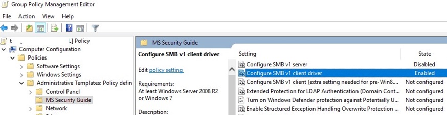 ms security guide gpo: disable smbv1 client driver and server