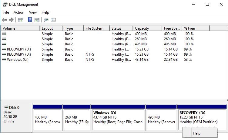 oem recovery partition in disk management console