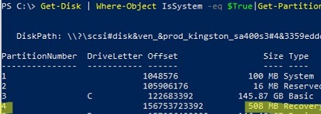 powershell: list partition labels and sizes on a system drive