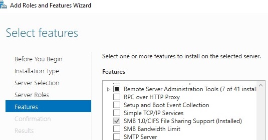 SMB 1.0 / CIFS File Sharing Support feature on windows server 2016