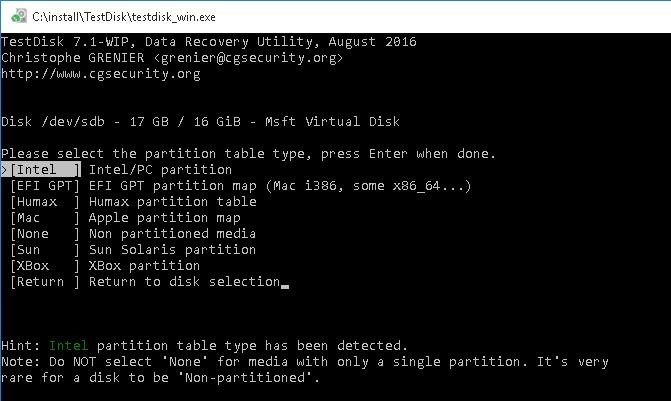testdisk select partition table intel (mbr)