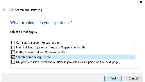 win10 search and index troubleshooter - fix wsearch service