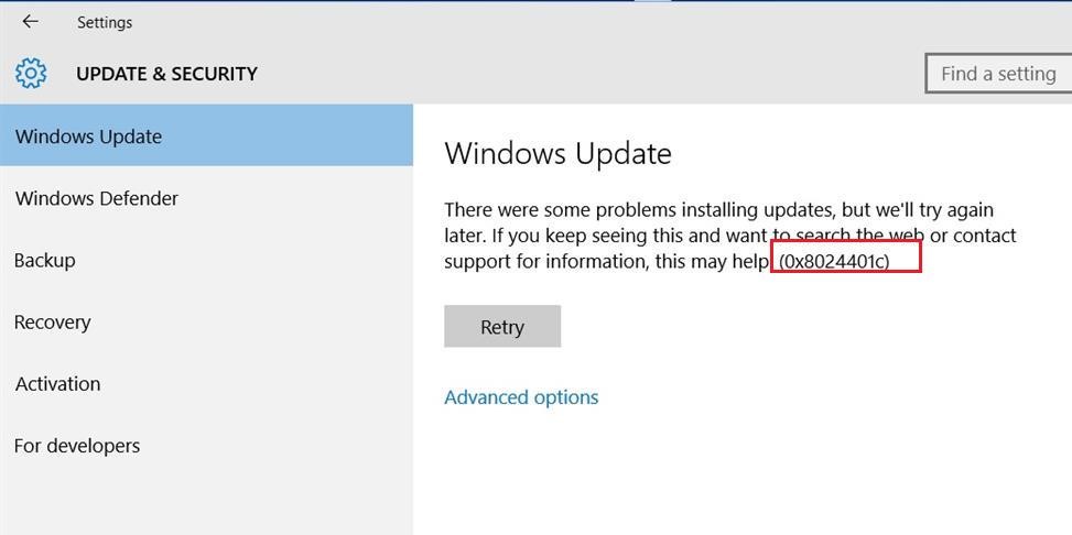 Windows 10 update Error 0x8024401c