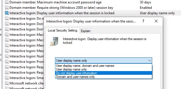 windows 10 lock policy: Do not display user information