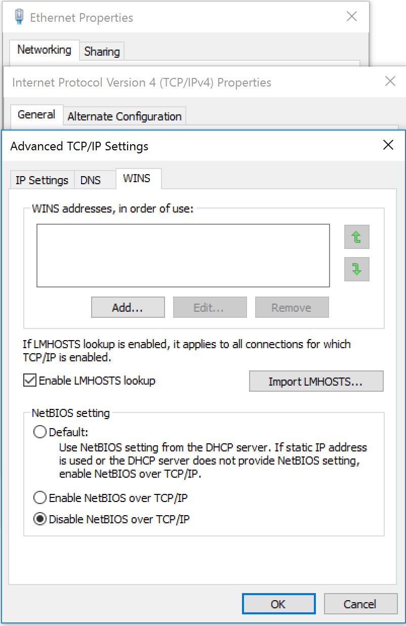 Disable NetBIOS over TCP on connection properties