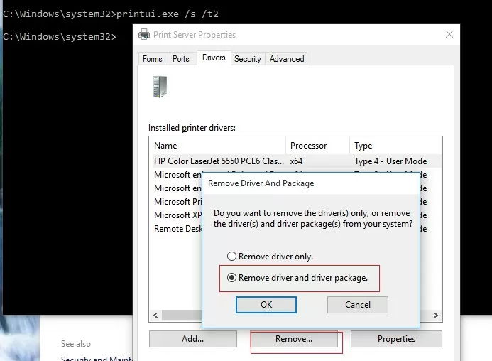 Remove printer driver and driver package