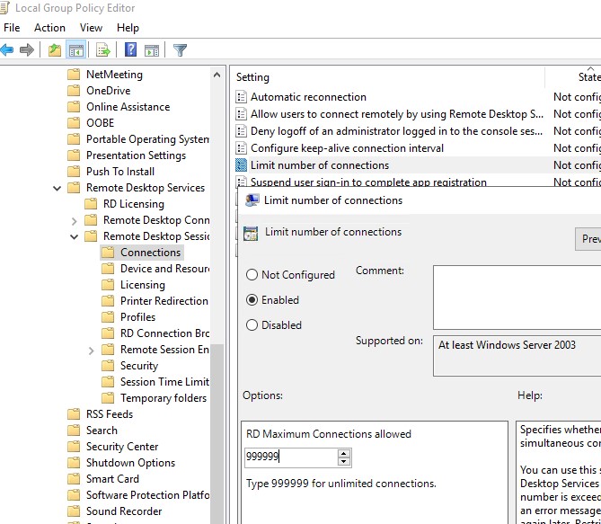 group policy: Limit the number of rdp connections