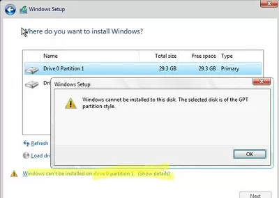 Windows cannot be installed to this disk the selected disk is of the GPT Partition Style